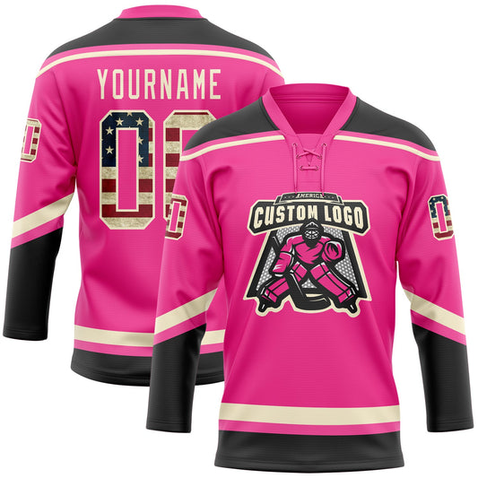 Custom Pink Vintage USA Flag Black-Cream Hockey Lace Neck Jersey - Sky-Custom