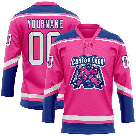 Custom Pink White-Royal Hockey Lace Neck Jersey - Sky-Custom