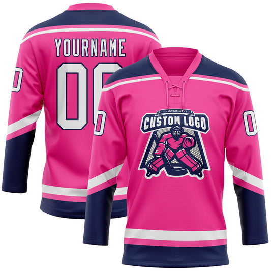 Custom Pink White-Navy Hockey Lace Neck Jersey - Sky-Custom