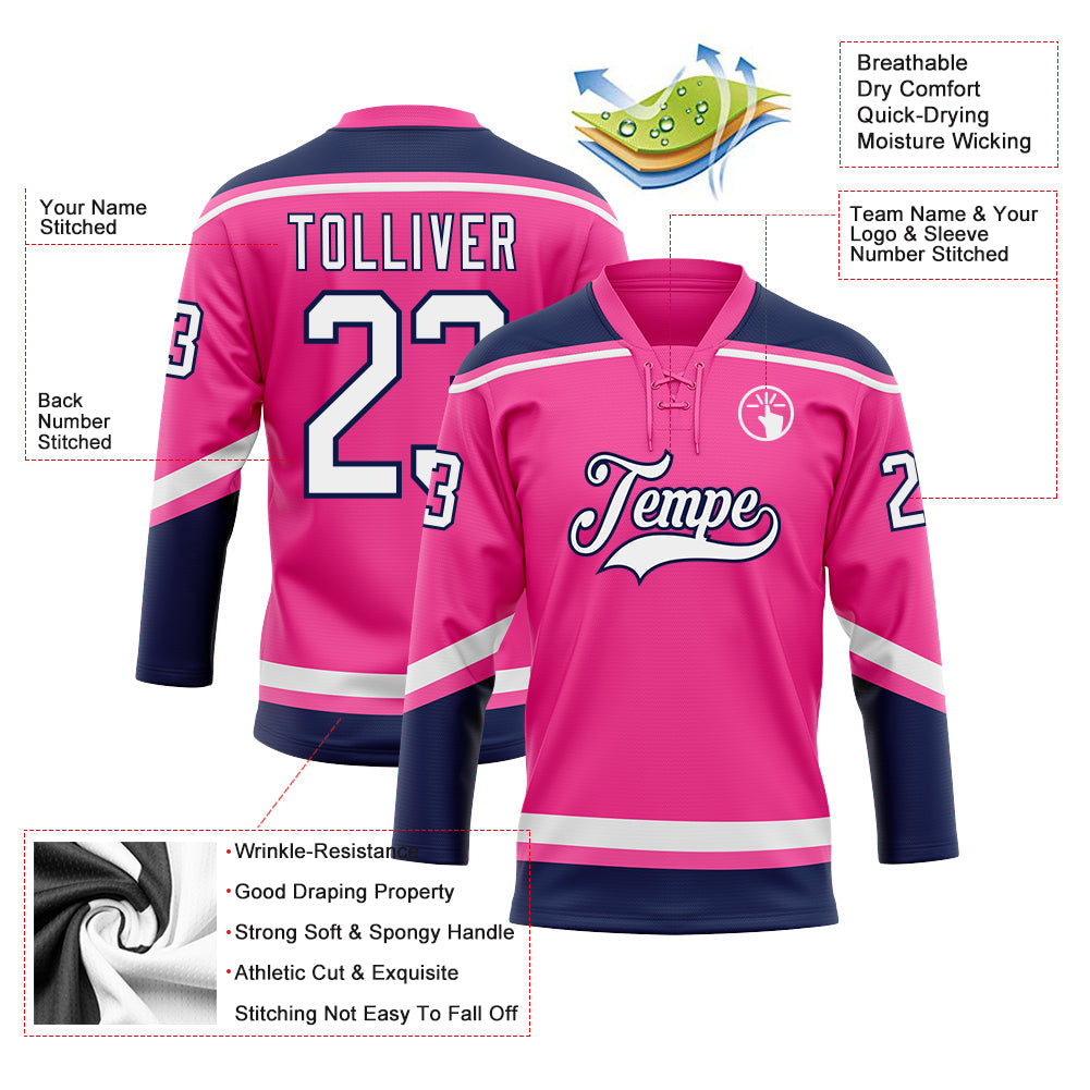 Custom Pink White-Navy Hockey Lace Neck Jersey - Sky-Custom