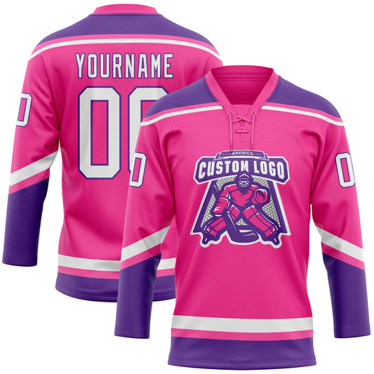 Custom Pink White-Purple Hockey Lace Neck Jersey - Sky-Custom