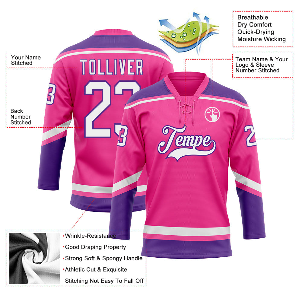 Custom Pink White-Purple Hockey Lace Neck Jersey - Sky-Custom