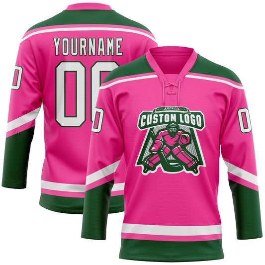Custom Pink White-Green Hockey Lace Neck Jersey - Sky-Custom