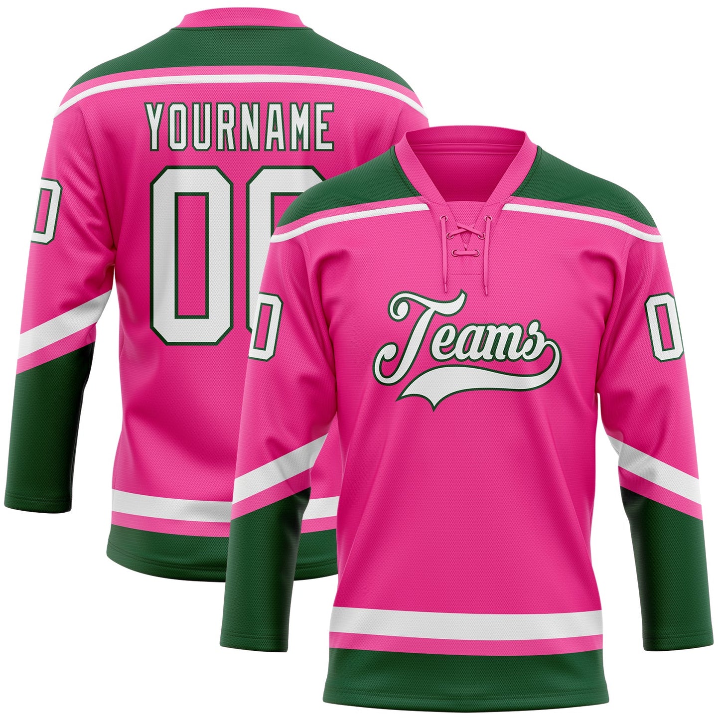 Custom Pink White-Green Hockey Lace Neck Jersey - Sky-Custom