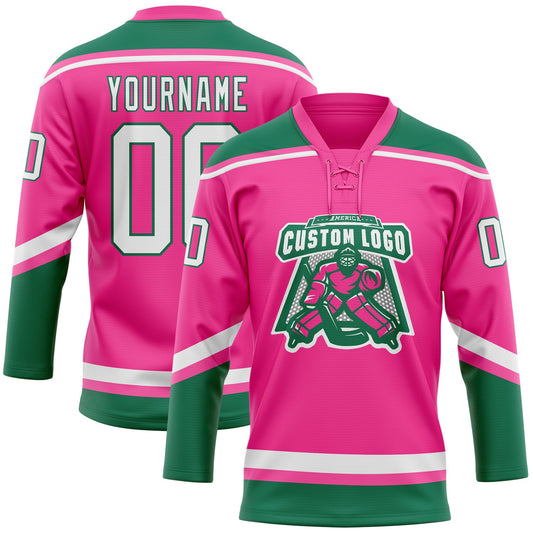Custom Pink White-Kelly Green Hockey Lace Neck Jersey - Sky-Custom