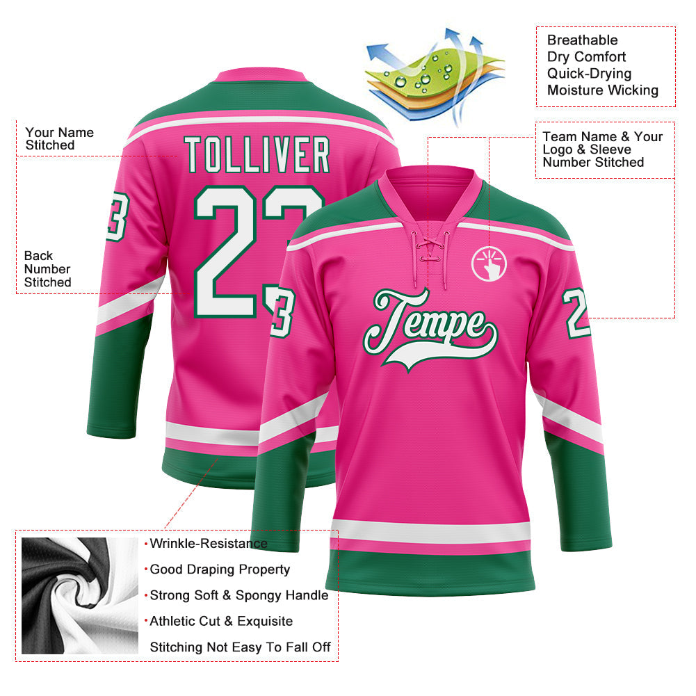 Custom Pink White-Kelly Green Hockey Lace Neck Jersey - Sky-Custom
