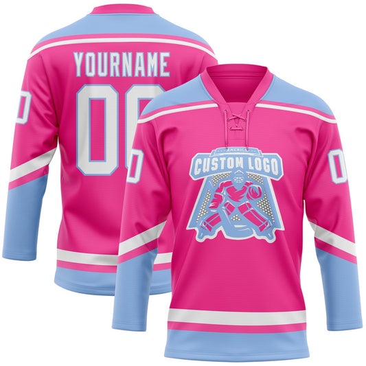 Custom Pink White-Light Blue Hockey Lace Neck Jersey - Sky-Custom