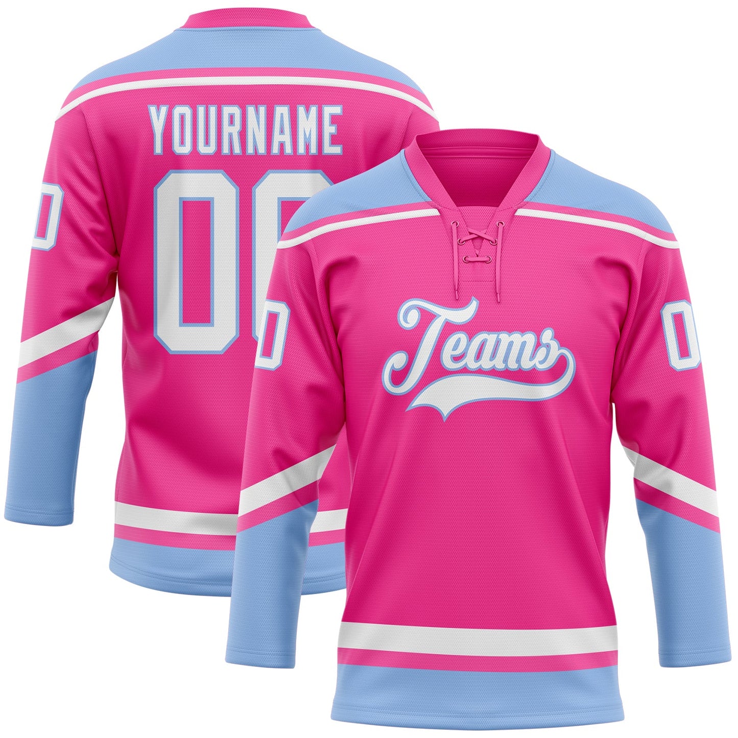 Custom Pink White-Light Blue Hockey Lace Neck Jersey - Sky-Custom