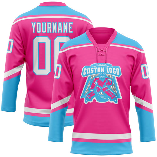 Custom Pink White-Sky Blue Hockey Lace Neck Jersey - Sky-Custom