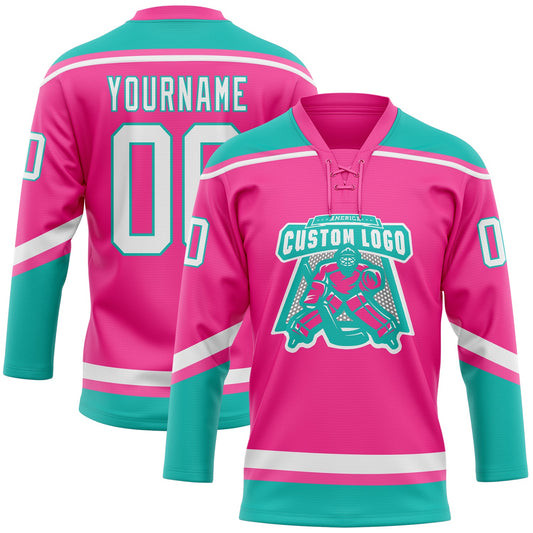 Custom Pink White-Aqua Hockey Lace Neck Jersey - Sky-Custom