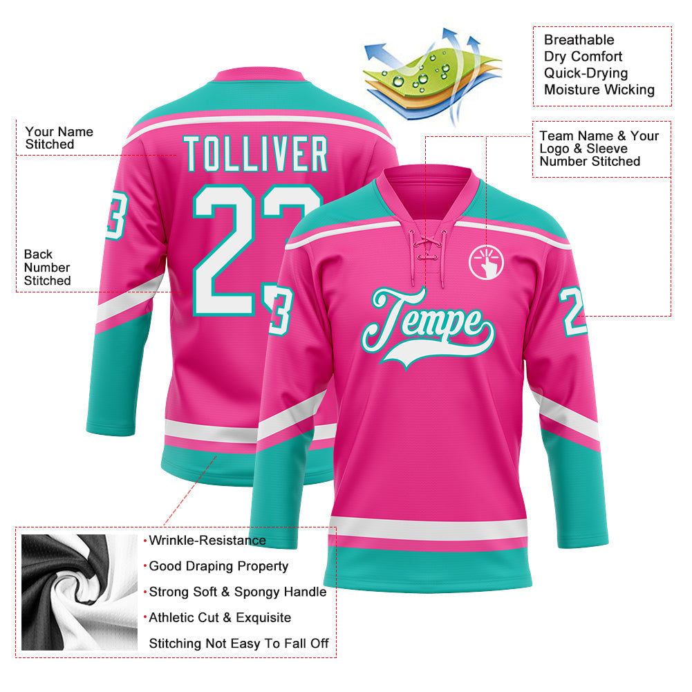 Custom Pink White-Aqua Hockey Lace Neck Jersey - Sky-Custom