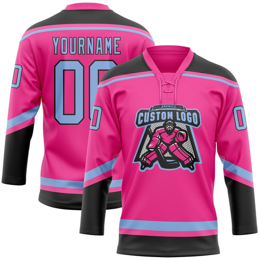 Custom Pink Light Blue-Black Hockey Lace Neck Jersey - Sky-Custom