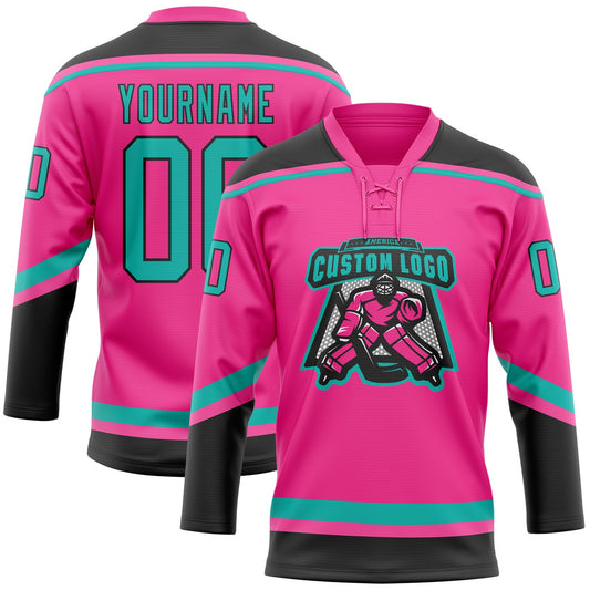Custom Pink Aqua-Black Hockey Lace Neck Jersey - Sky-Custom