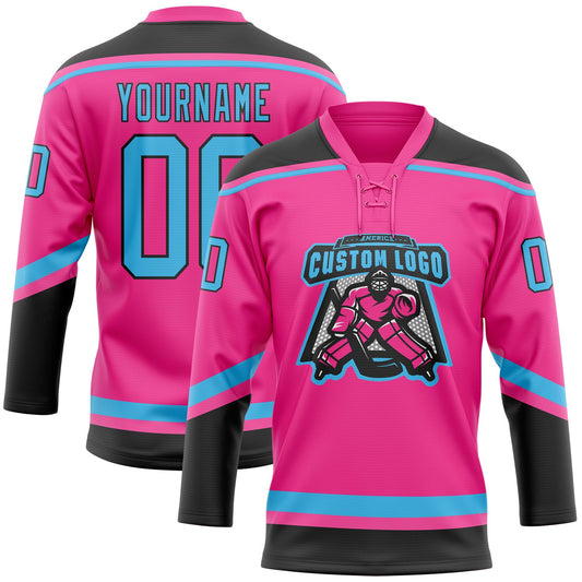 Custom Pink Sky Blue-Black Hockey Lace Neck Jersey - Sky-Custom