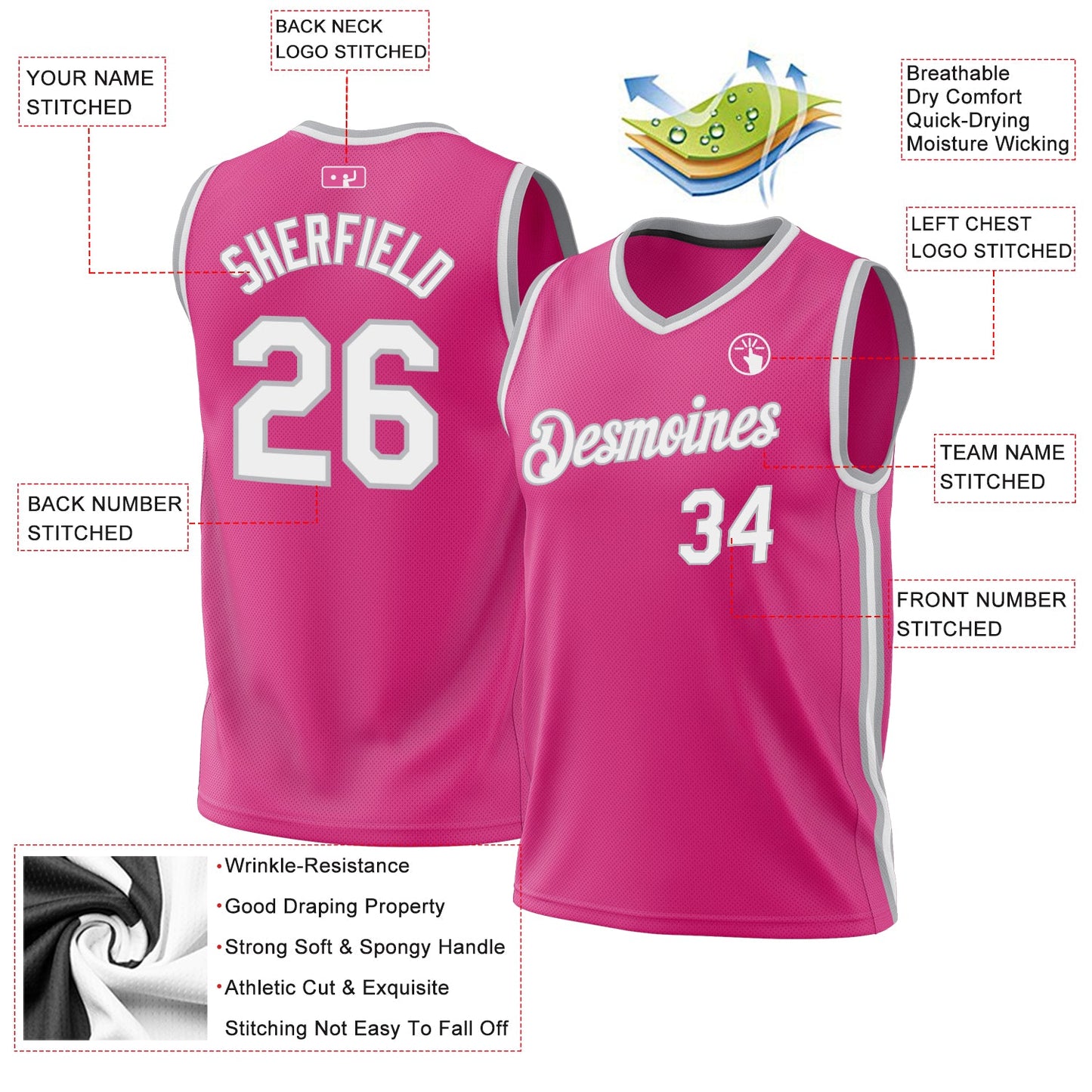 Custom Pink White-Gray Authentic Throwback Basketball Jersey - Sky-Custom