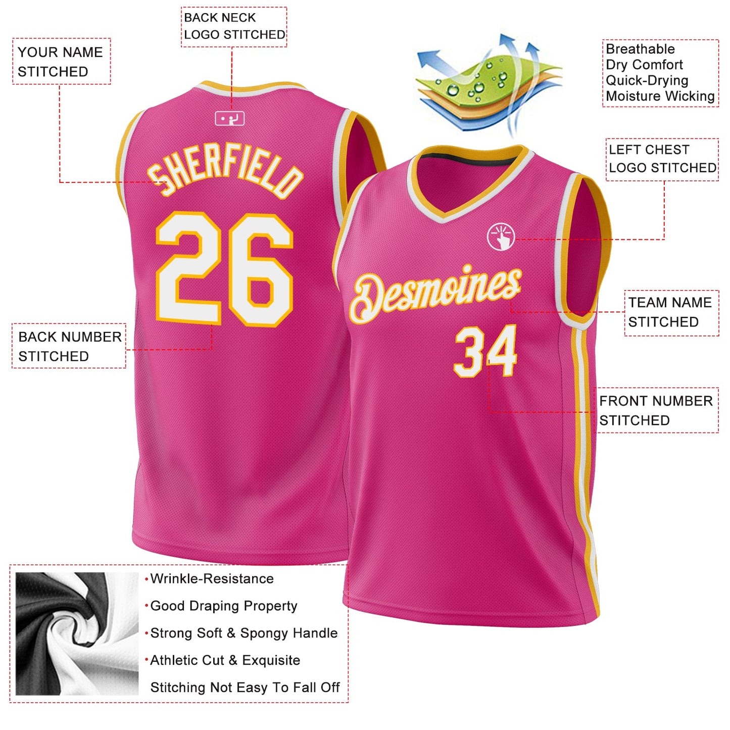 Custom Pink White-Gold Authentic Throwback Basketball Jersey - Sky-Custom