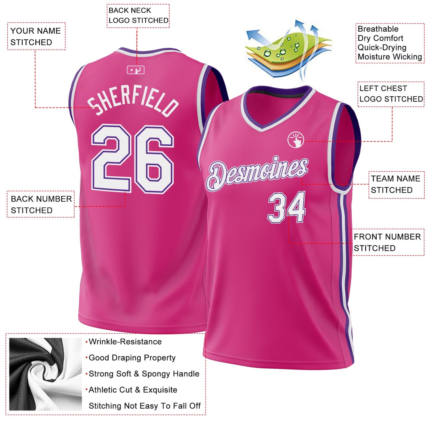Custom Pink White-Purple Authentic Throwback Basketball Jersey - Sky-Custom