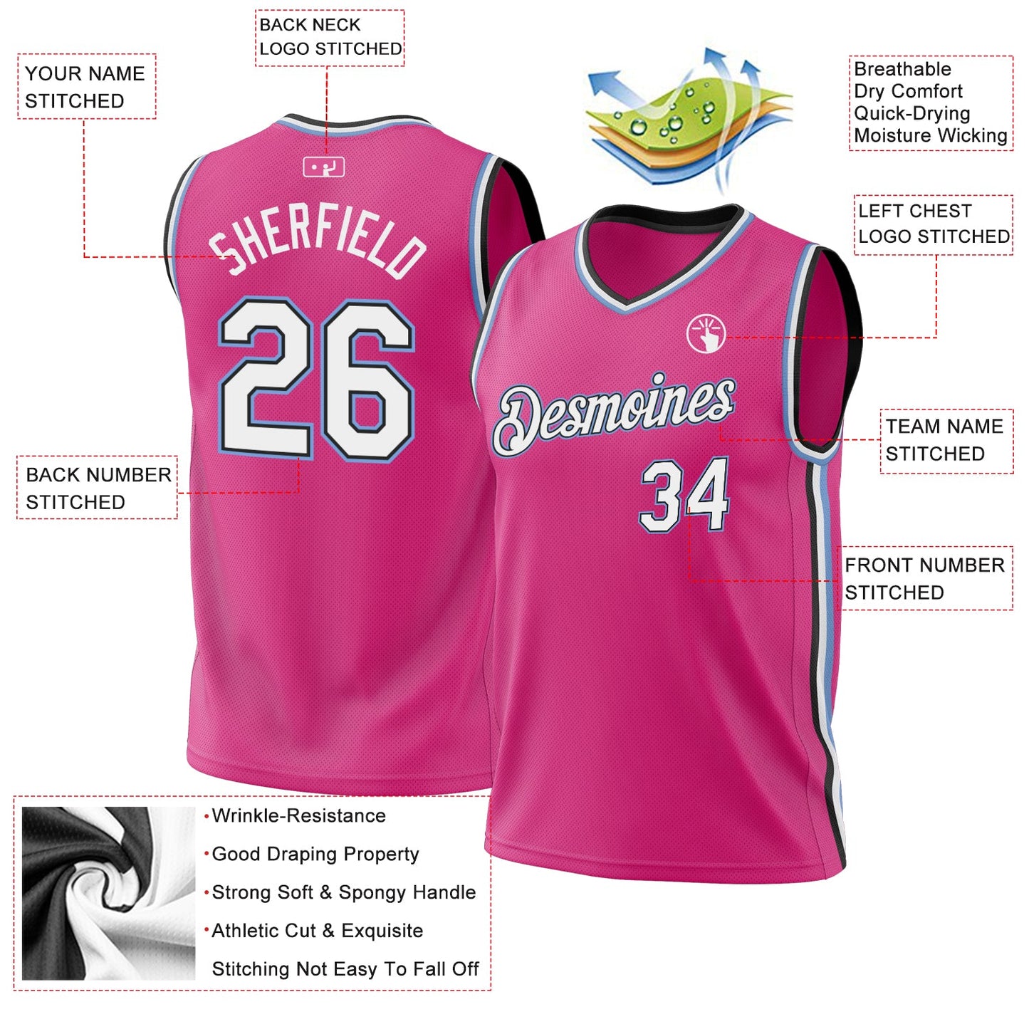 Custom Pink Black-Light Blue Authentic Throwback Basketball Jersey - Sky-Custom