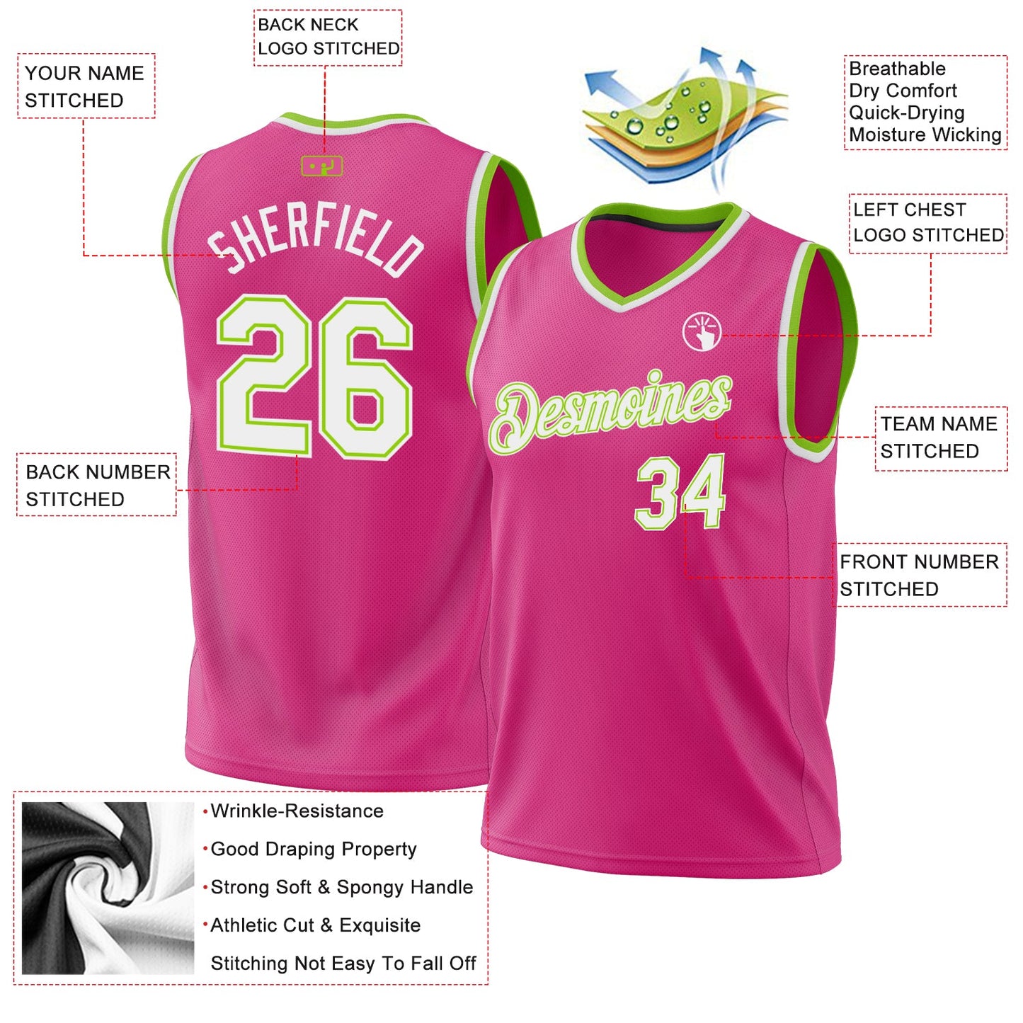 Custom Pink White-Neon Green Authentic Throwback Basketball Jersey - Sky-Custom