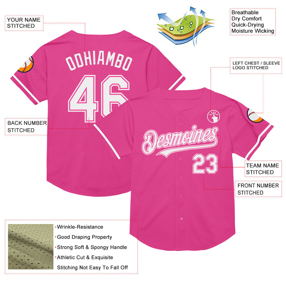 Custom Pink White Mesh Authentic Throwback Baseball Jersey - Sky-Custom