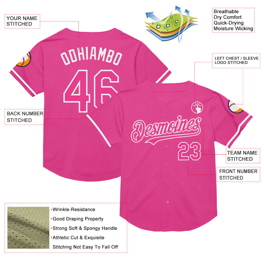 Custom Pink White Mesh Authentic Throwback Baseball Jersey - Sky-Custom