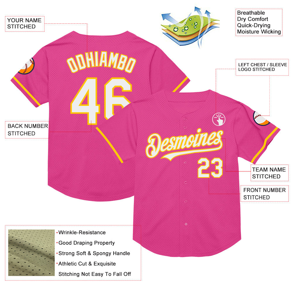 Custom Pink White-Yellow Mesh Authentic Throwback Baseball Jersey - Sky-Custom