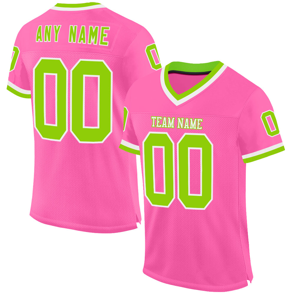 Custom Pink Neon Green-White Mesh Authentic Throwback Football Jersey - Sky-Custom