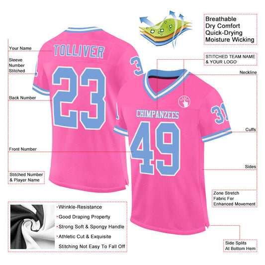 Custom Pink Light Blue-White Mesh Authentic Throwback Football Jersey - Sky-Custom