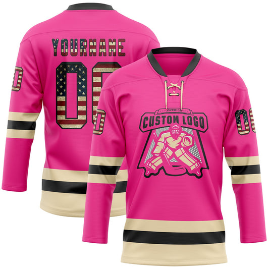 Custom Pink Vintage USA Flag Black-Cream Hockey Lace Neck Jersey - Sky-Custom