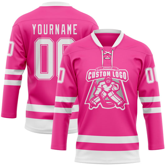 Custom Pink White Hockey Lace Neck Jersey - Sky-Custom