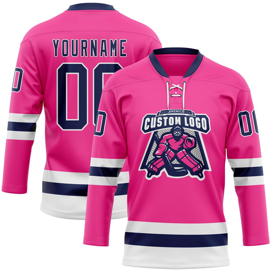 Custom Pink Navy-White Hockey Lace Neck Jersey - Sky-Custom