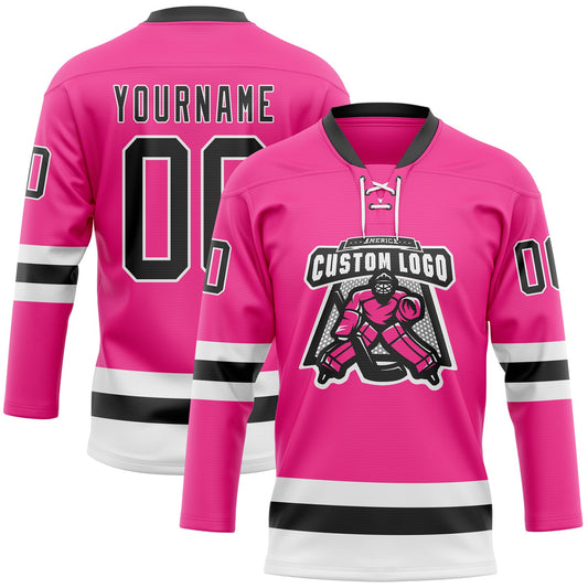 Custom Pink Black-White Hockey Lace Neck Jersey - Sky-Custom