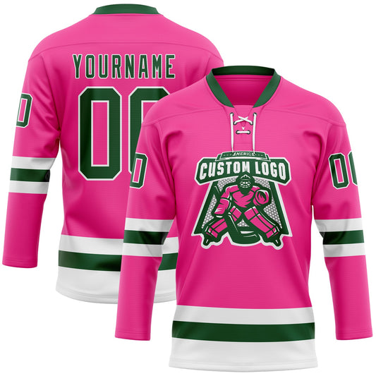 Custom Pink Green-White Hockey Lace Neck Jersey - Sky-Custom