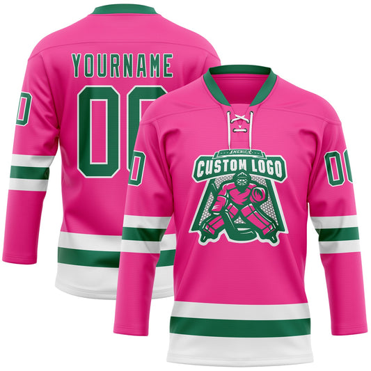 Custom Pink Kelly Green-White Hockey Lace Neck Jersey - Sky-Custom