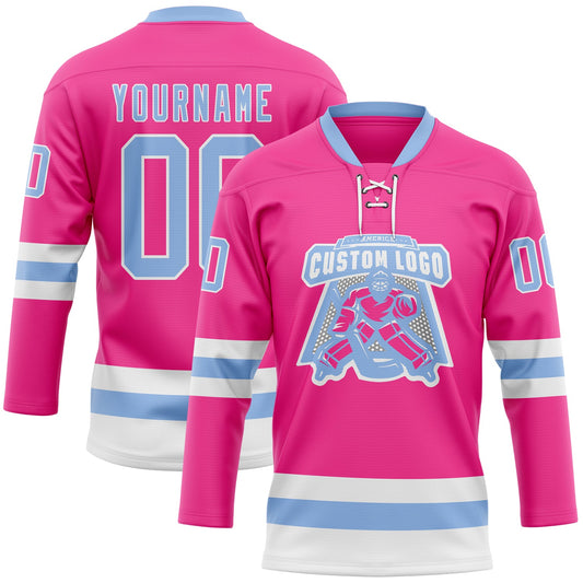 Custom Pink Light Blue-White Hockey Lace Neck Jersey - Sky-Custom
