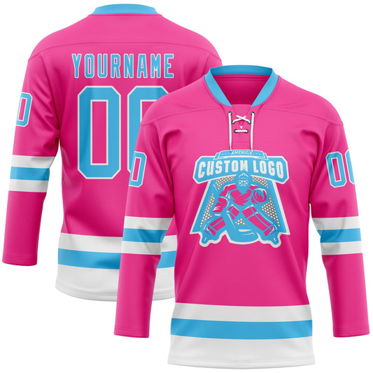 Custom Pink Sky Blue-White Hockey Lace Neck Jersey - Sky-Custom
