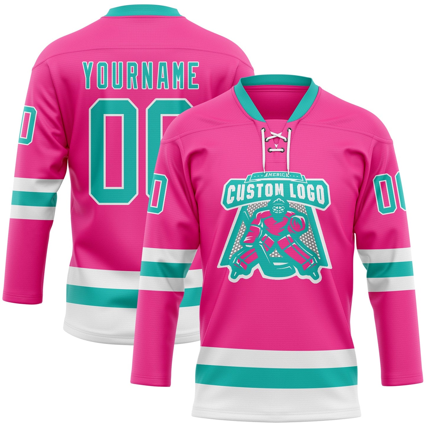 Custom Pink Aqua-White Hockey Lace Neck Jersey - Sky-Custom