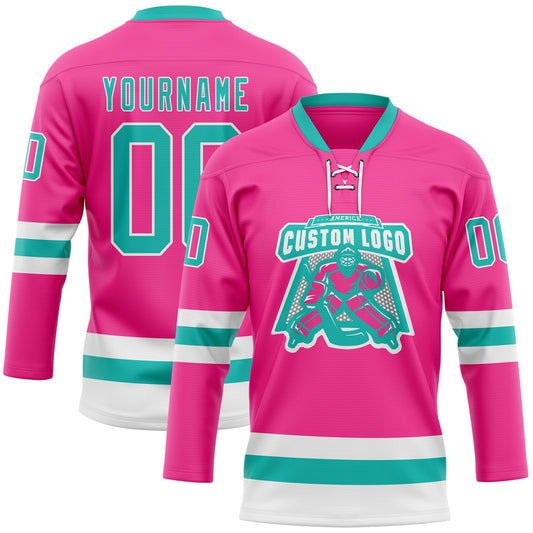 Custom Pink Aqua-White Hockey Lace Neck Jersey - Sky-Custom