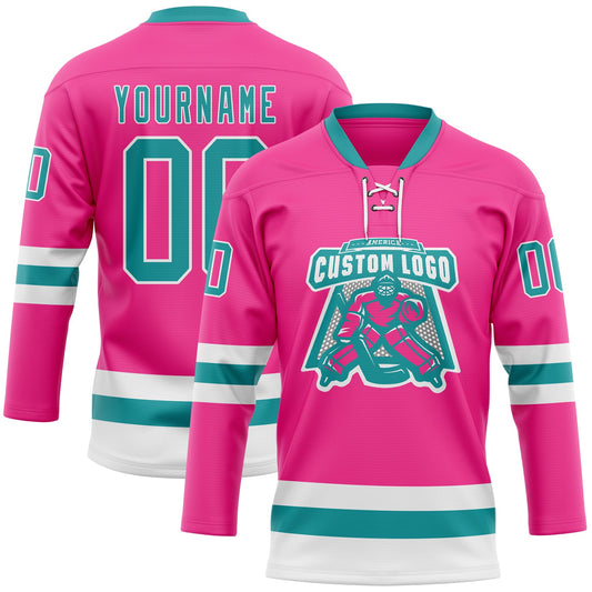 Custom Pink Teal-White Hockey Lace Neck Jersey - Sky-Custom