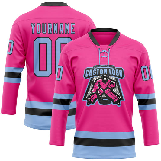 Custom Pink Light Blue-Black Hockey Lace Neck Jersey - Sky-Custom