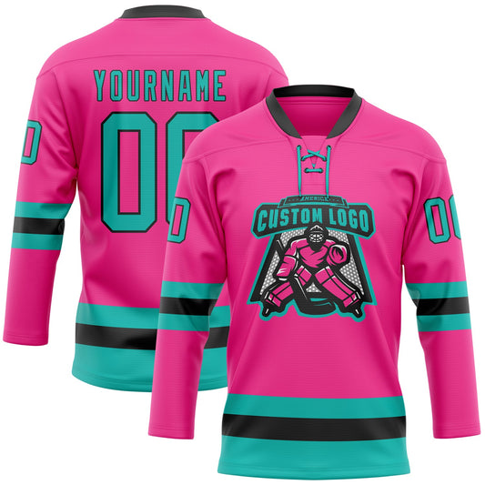 Custom Pink Aqua-Black Hockey Lace Neck Jersey - Sky-Custom