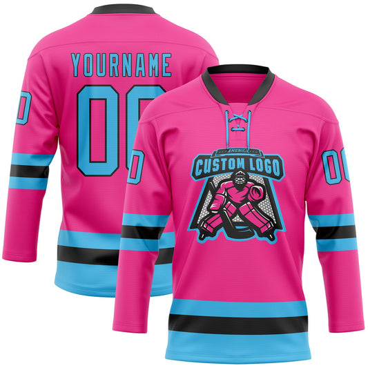 Custom Pink Sky Blue-Black Hockey Lace Neck Jersey - Sky-Custom