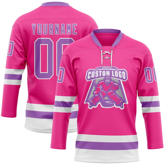 Custom Pink Medium Purple-White Hockey Lace Neck Jersey - Sky-Custom