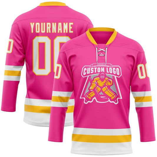 Custom Pink White-Gold Hockey Lace Neck Jersey - Sky-Custom