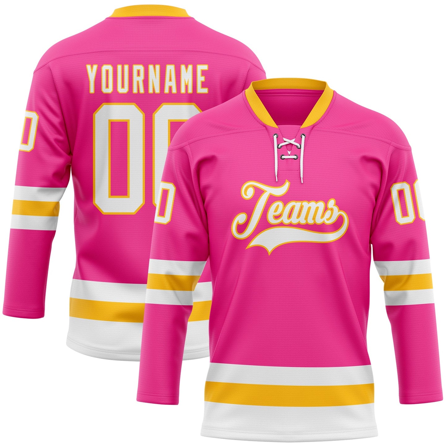 Custom Pink White-Gold Hockey Lace Neck Jersey - Sky-Custom