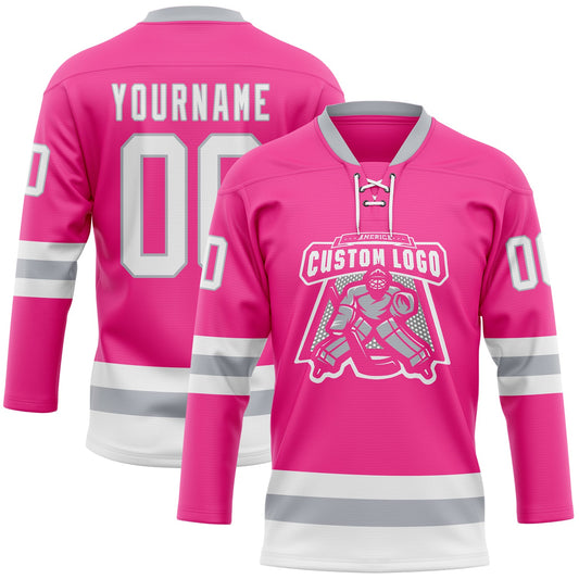 Custom Pink White-Gray Hockey Lace Neck Jersey - Sky-Custom