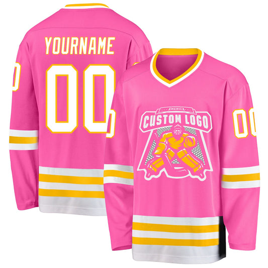 Custom Pink White-Gold Hockey Jersey - Sky-Custom