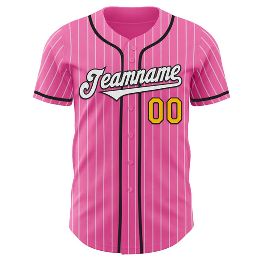 Custom Pink White Pinstripe Gold-Black Authentic Baseball Jersey - Sky-Custom