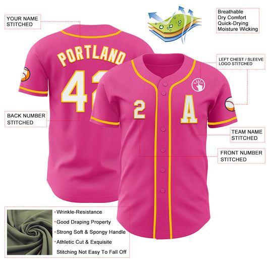 Custom Pink White-Yellow Authentic Baseball Jersey - Sky-Custom