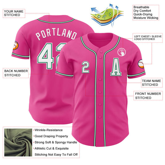 Custom Pink White-Kelly Green Authentic Baseball Jersey - Sky-Custom